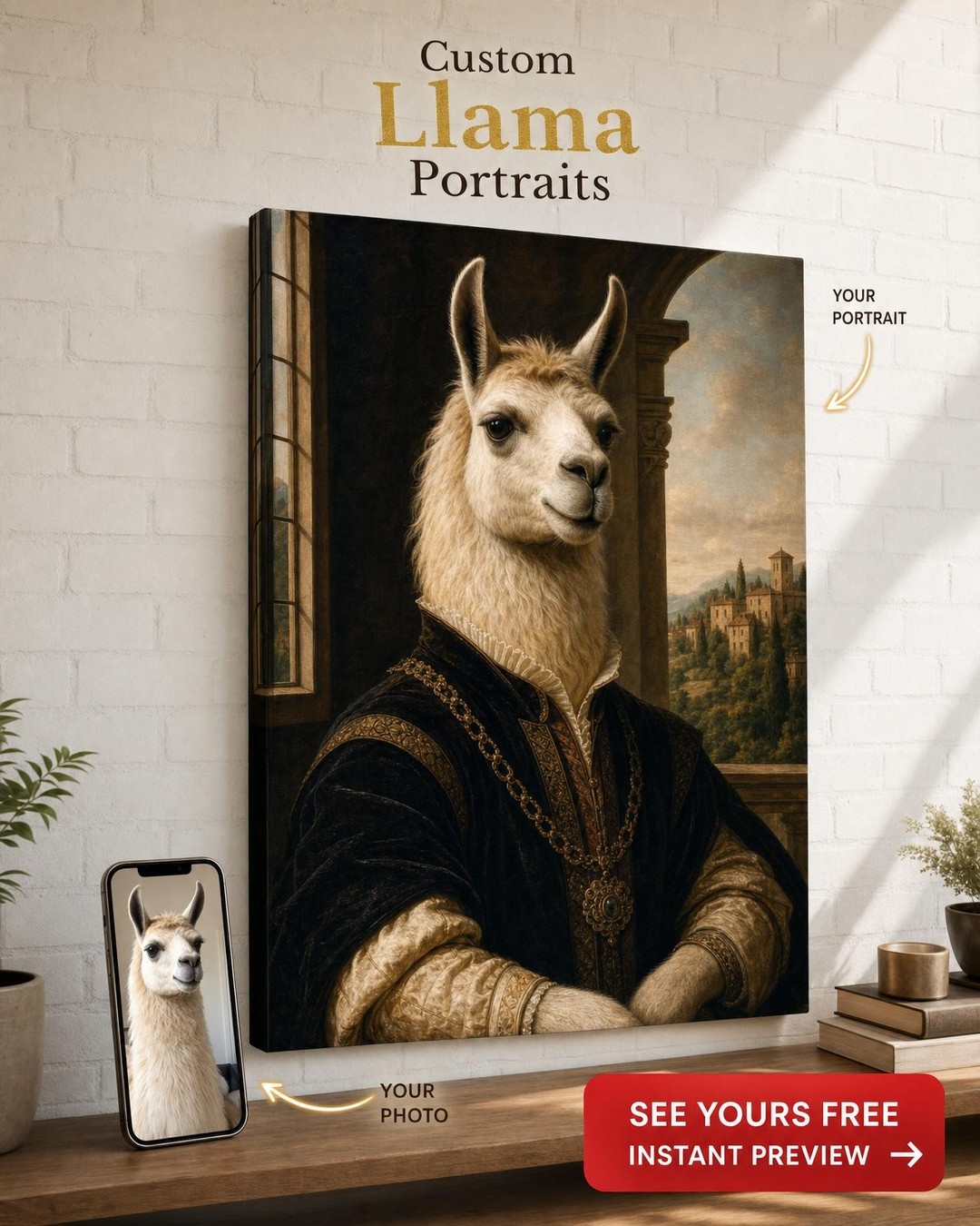 Custom Renaissance Dog Portrait — Whimsical Royal Llama Canvas