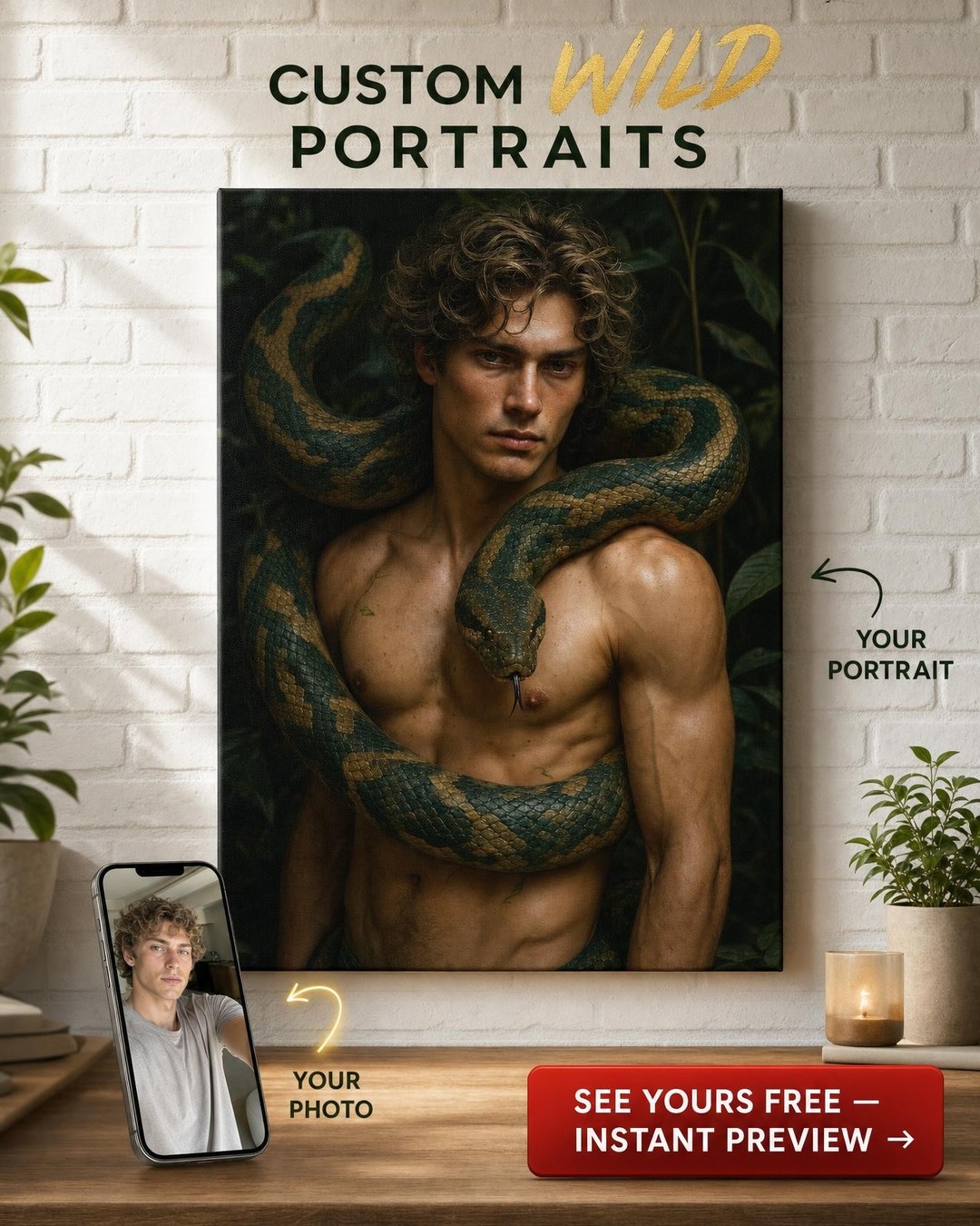 Custom Jungle Man Portrait — Heroic Snake & Muscle Canvas