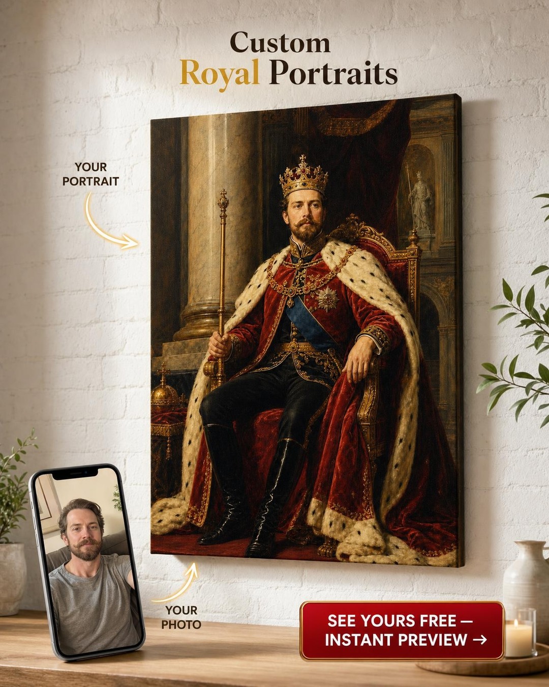 King on the Throne Custom Portrait from Photo | Personalized For Him Gift