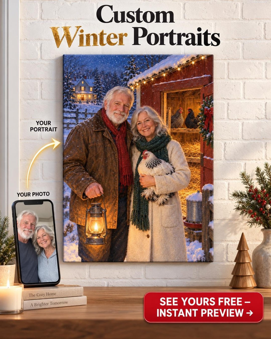 Winter Lock-Up Couple Custom Portrait from Photo | Personalized Backyard Chickens Portrait Gift