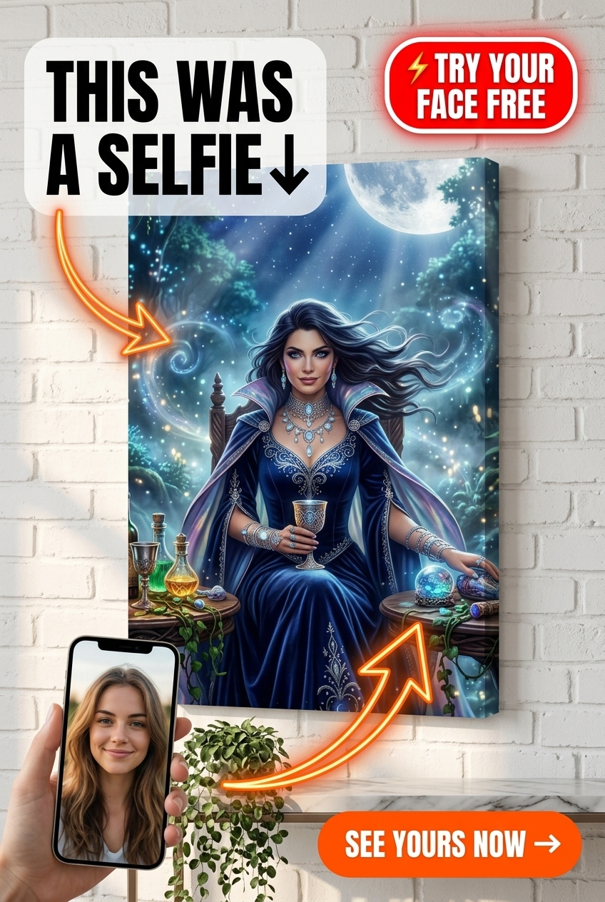 Custom Fantasy Woman Portrait — Whimsical Moon & Potion Canvas