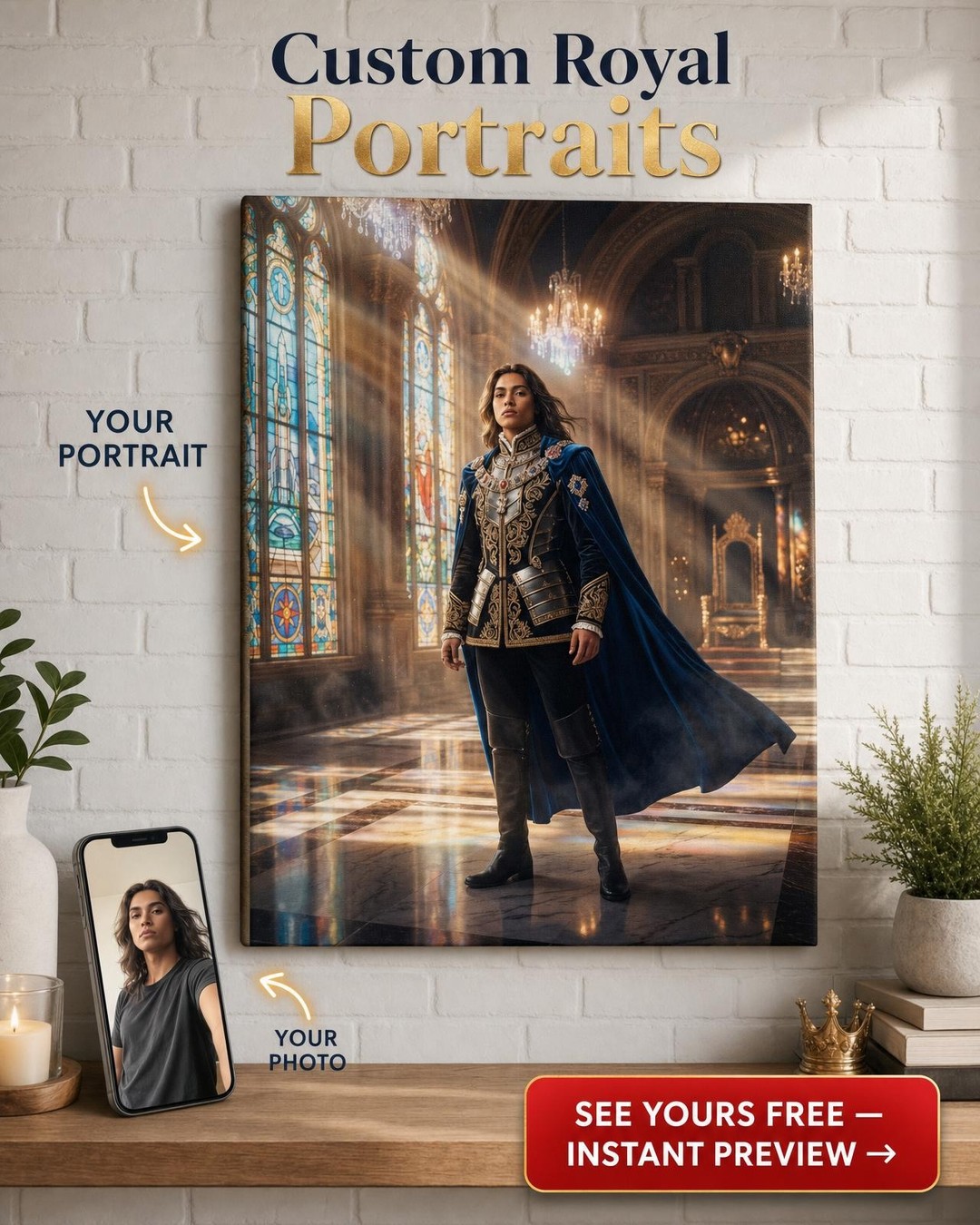 Custom Royal Man Portrait — Regal Stained Glass Canvas from Photo