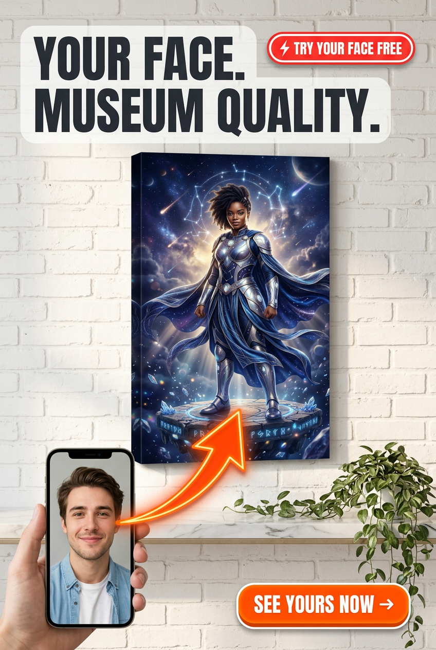 Custom Sci-Fi Man Portrait — Heroic Armor & Cosmic Lightning Canvas