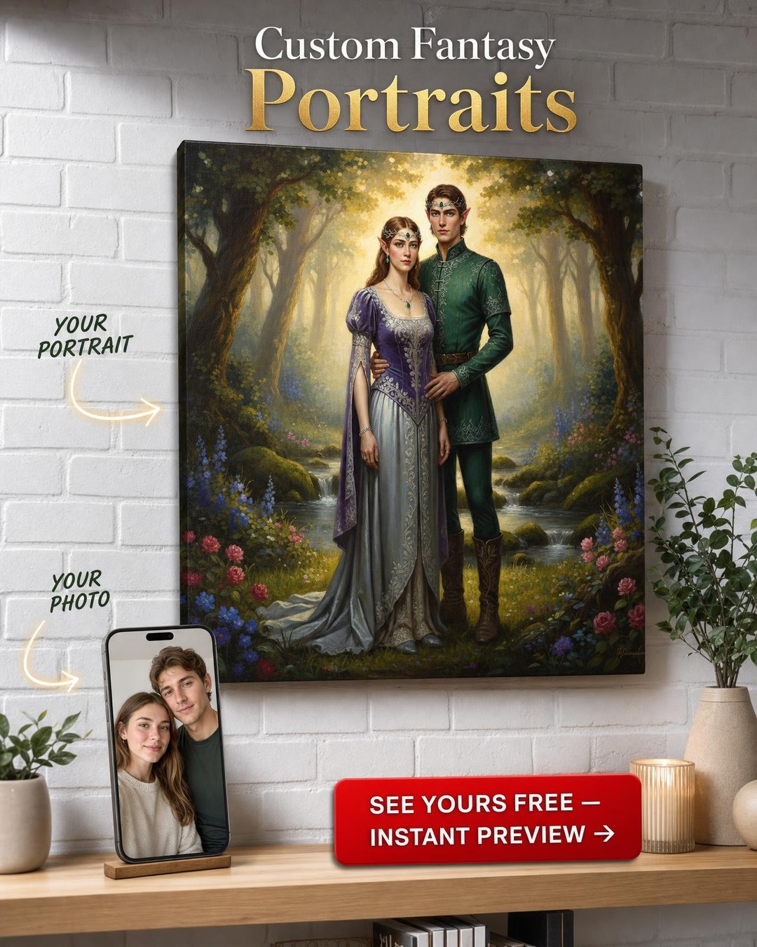 Custom Fantasy Couple Portrait — Romantic Forest Canvas
