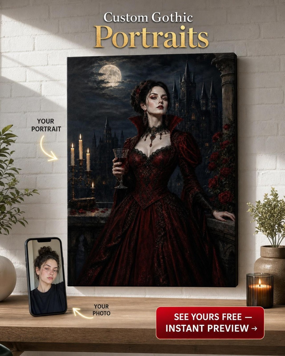 Vampire Countess Custom Portrait from Photo | Personalized Canvas Gift