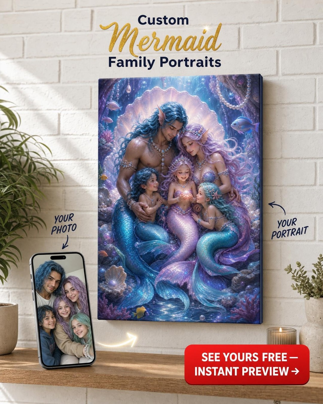 Pearl Grotto Mermaid Custom Portrait from Photo | Personalized Canvas Gift