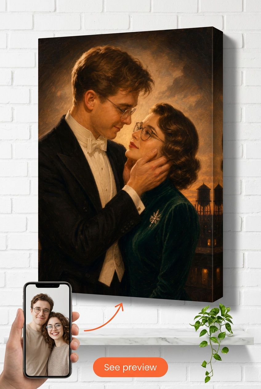 Custom 1940s Hollywood Rooftop Dusk Couple Portrait from Photo | Personalized Undefined Gift