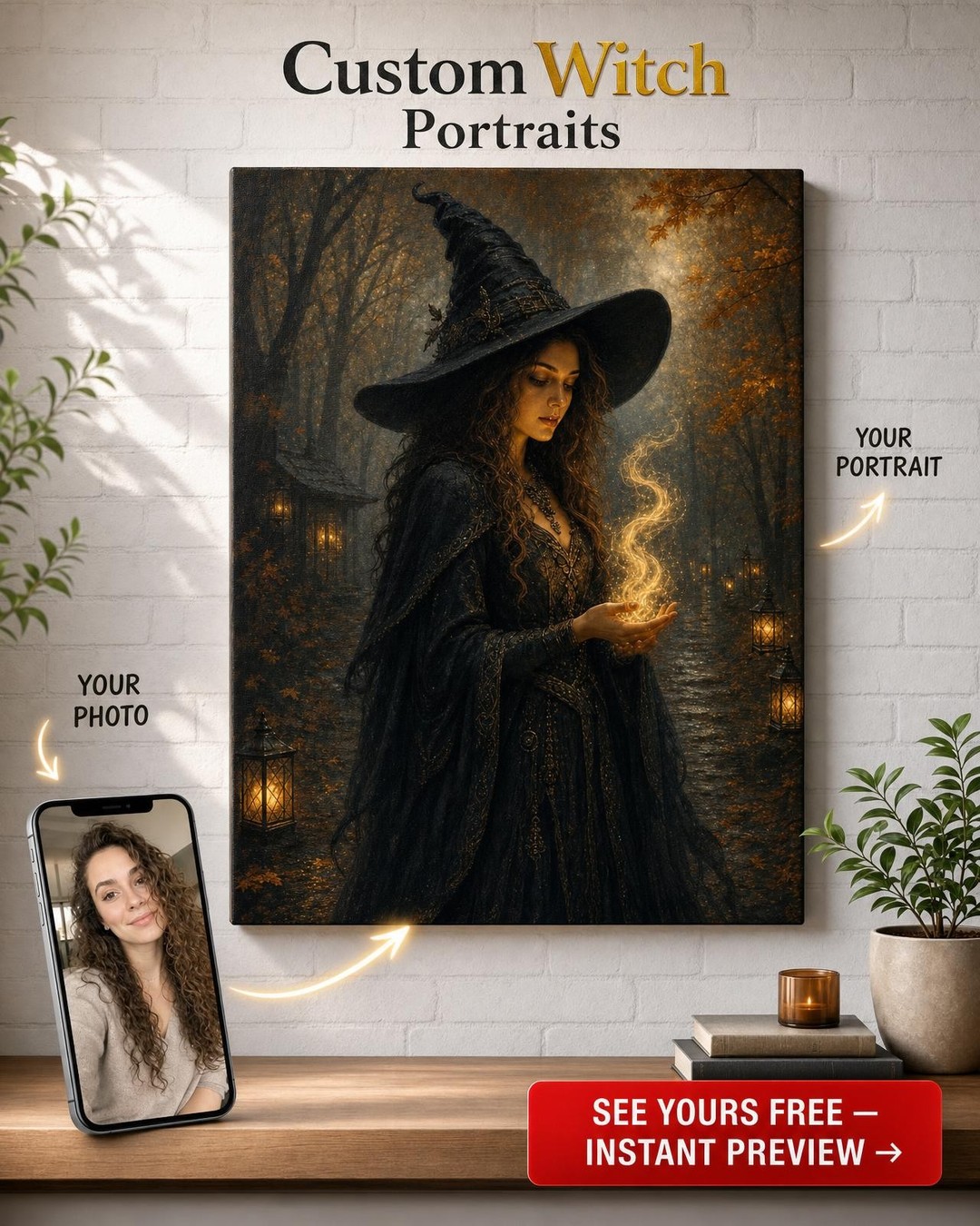 Autumn Forest Witch Custom Portrait from Photo | Personalized Canvas Gift