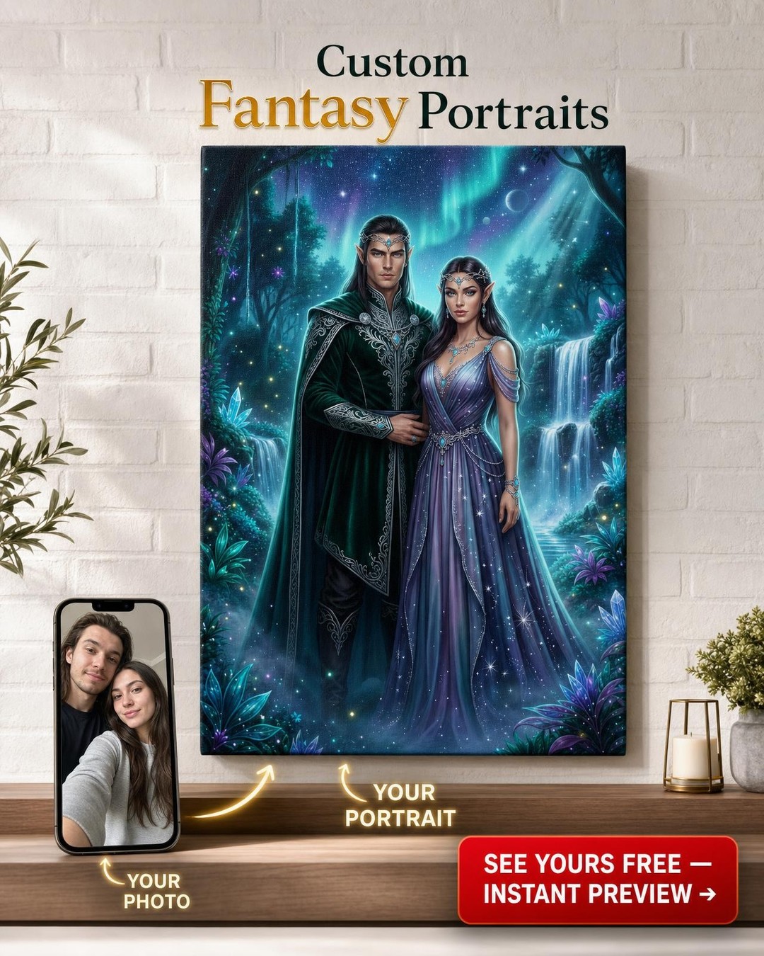 Custom Fantasy Couple Portrait — Romantic Elven Canvas from Photo