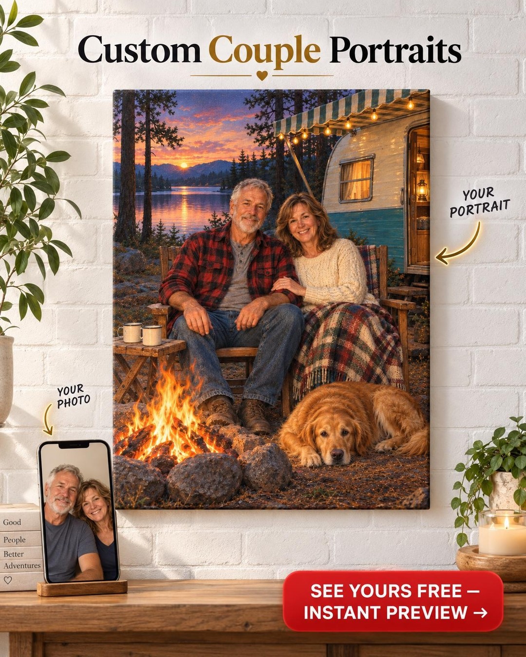 Campfire by Camper Couple Custom Portrait from Photo | Personalized Camping Portrait Gift