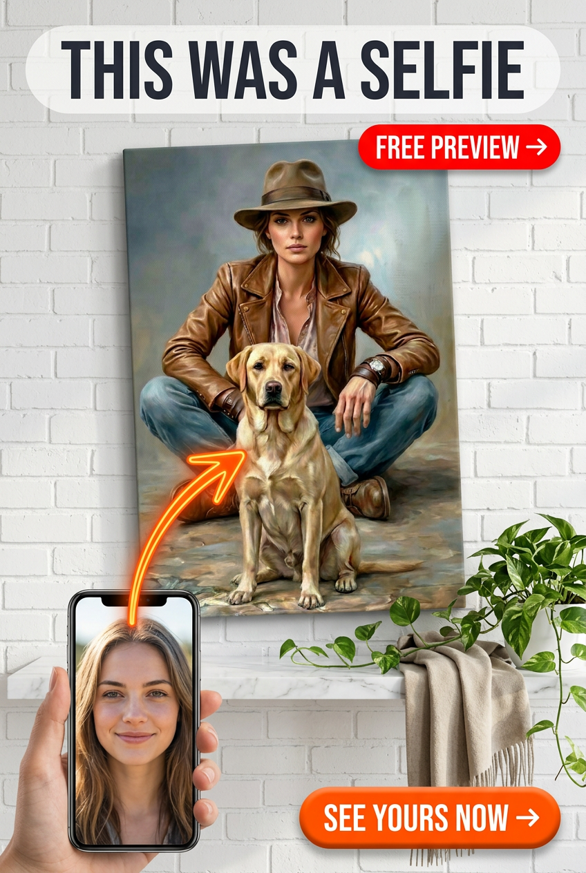 Custom Pet Portrait Canvas — Whimsical Dog & Woman Art from Photo