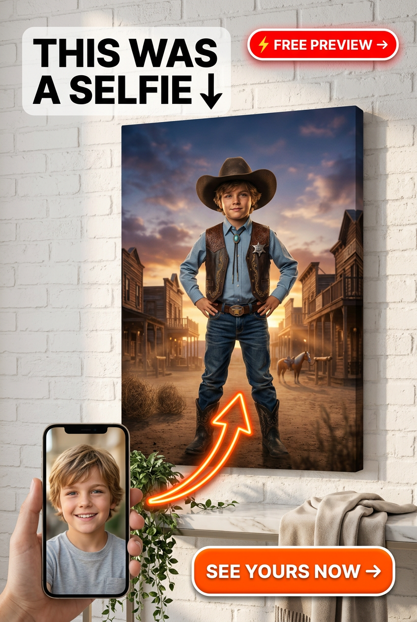Custom Cowboy Boy Portrait — Heroic Western Sheriff Canvas