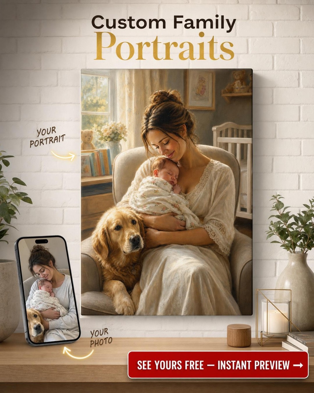 New Mom, Baby & Pet Family Canvas — AI-regenerated portrait, fresh per order