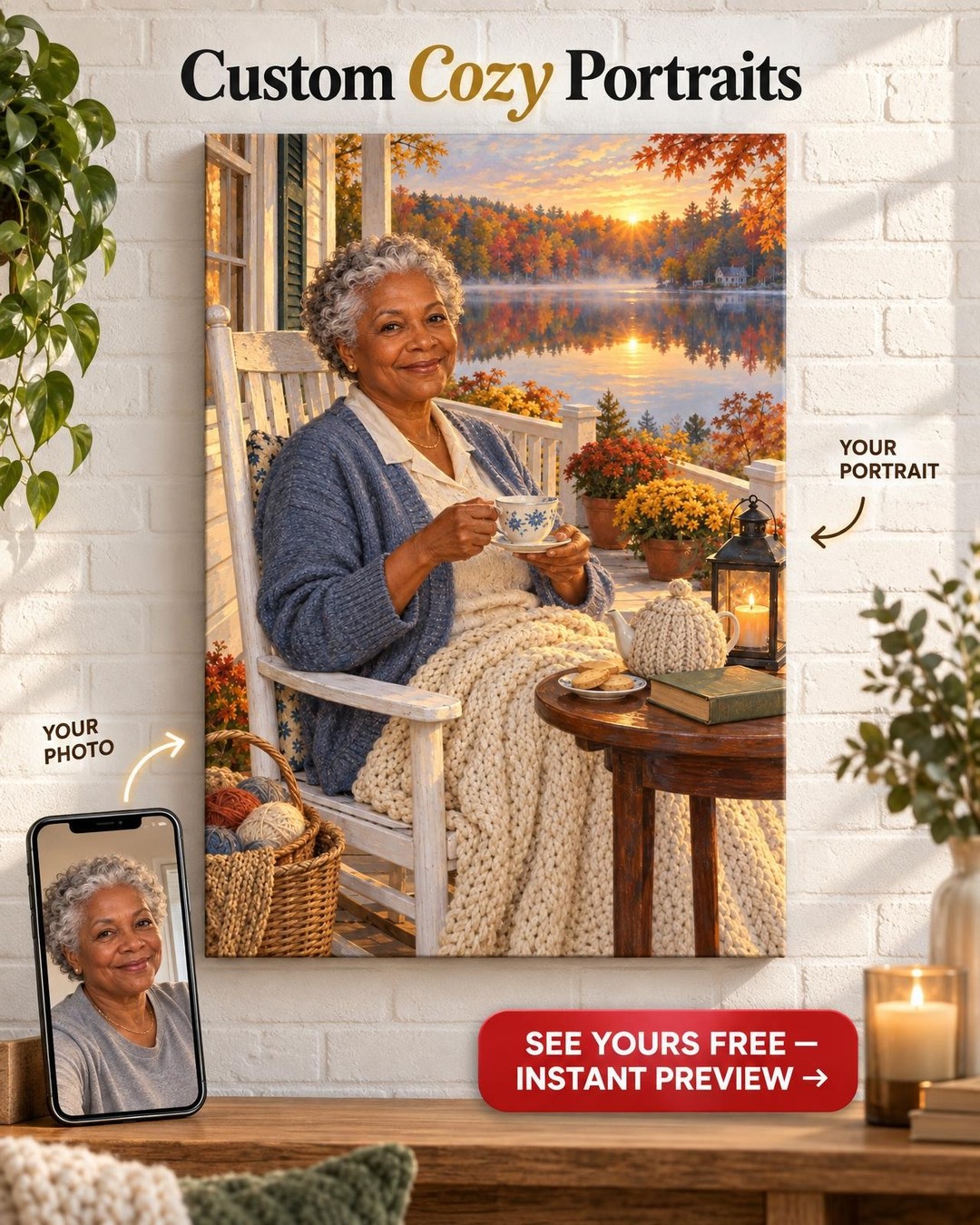 Tea on the Lake Porch Custom Portrait from Photo | Personalized Slow Living Gift