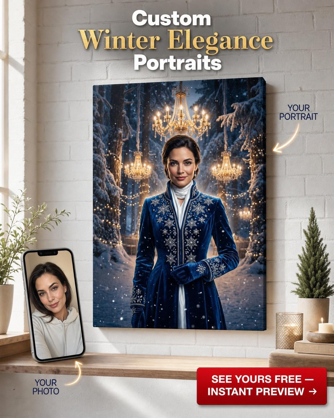 Custom Winter Woman Portrait — Regal Chandelier Canvas from Photo