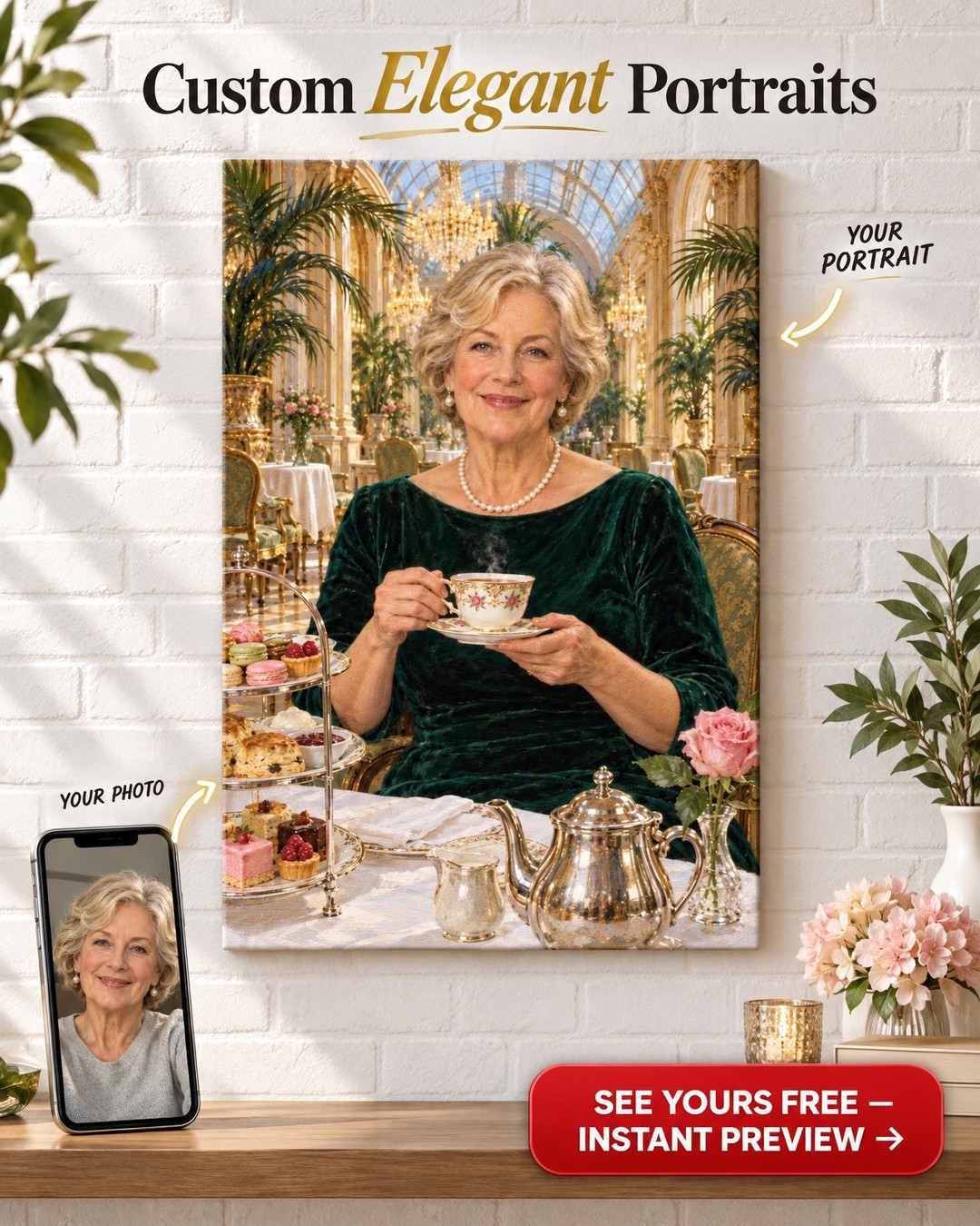 Grand Afternoon Tea Custom Portrait from Photo | Personalized Tea Lover Gift