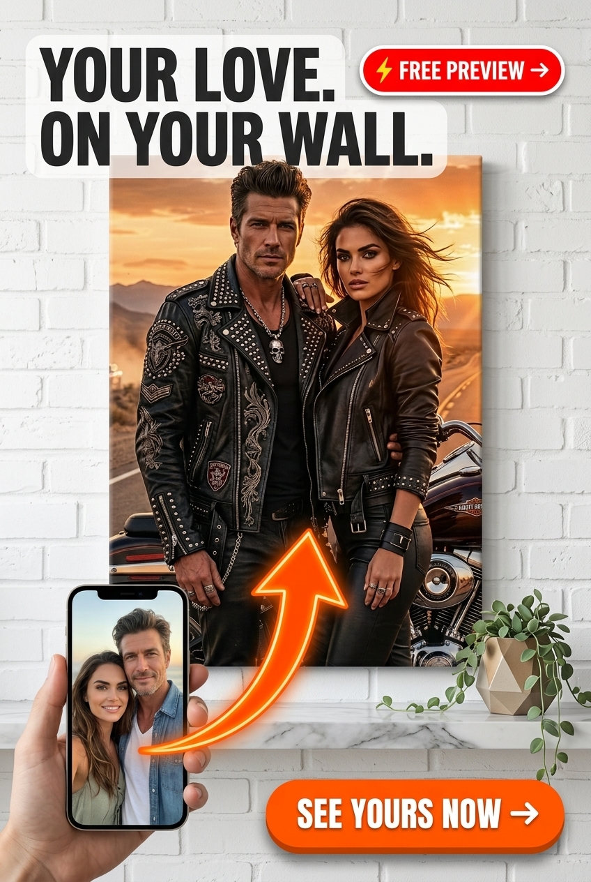 Custom Cowboy Couple Portrait — Romantic Motorcycle Canvas from Photo