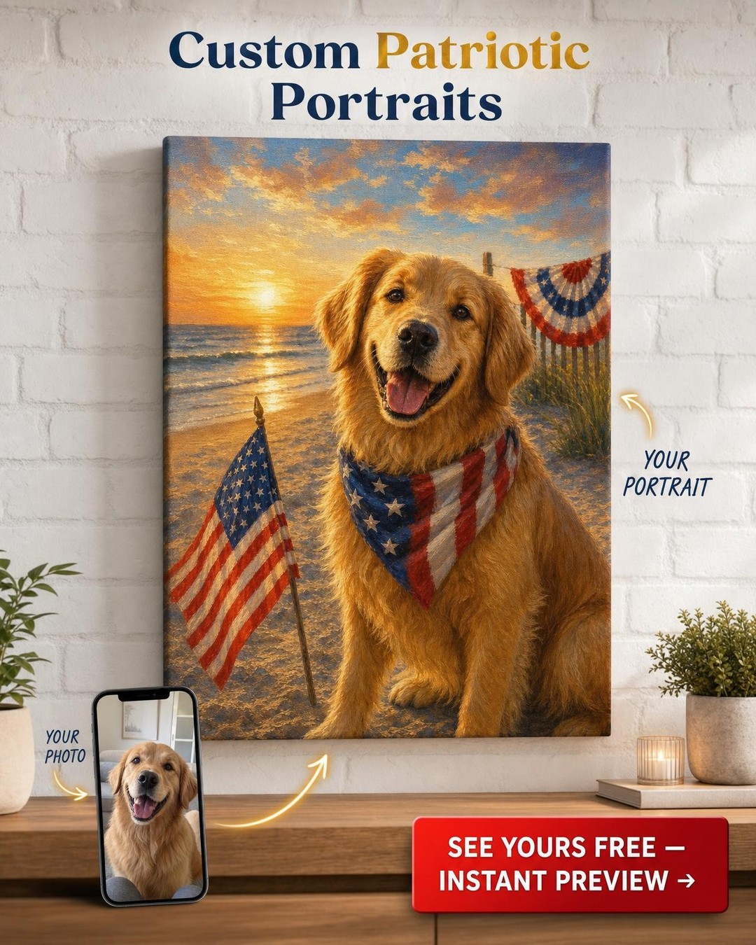 Beach 4th of July Custom Portrait from Photo | Personalized Canvas Gift