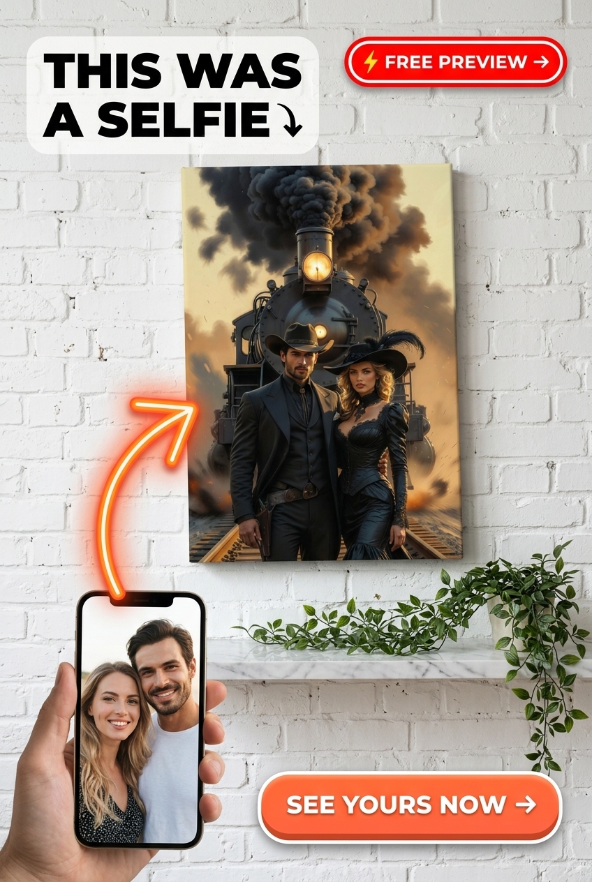 Custom Cowboy Couple Portrait — Whimsical Train Scene Canvas