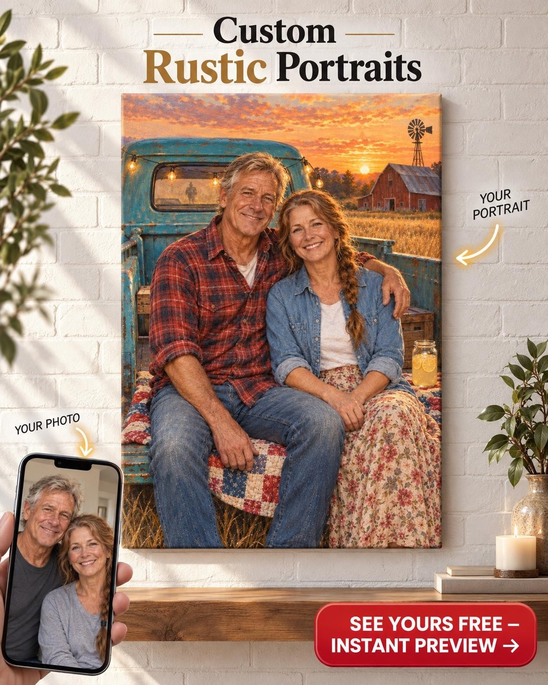Old Pickup Truck Couple Custom Portrait from Photo | Personalized Classic Car Gift