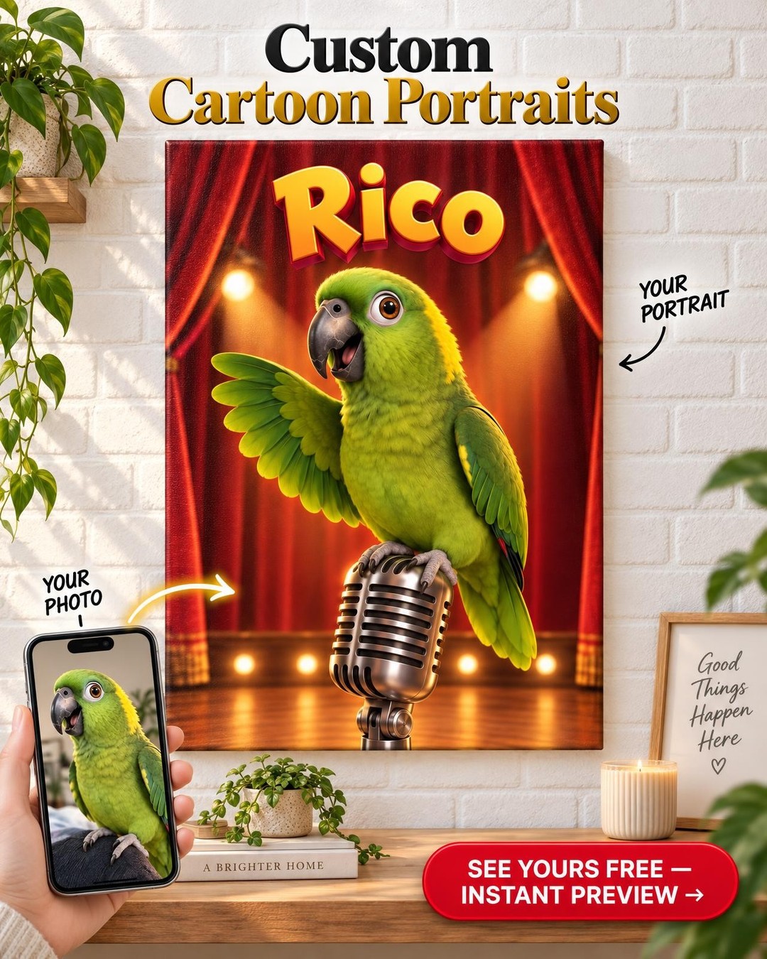 Custom Pixar-Style 3D Amazon Parrot Portrait from Photo | Personalized Bird Gift