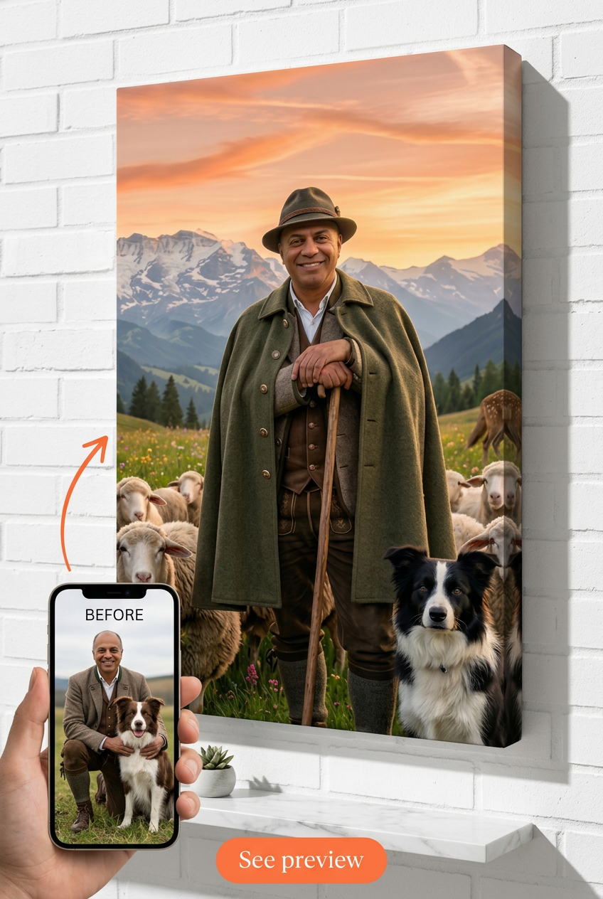 Custom Mountain Man & Dog Portrait — Serene Shepherd Canvas from Photo