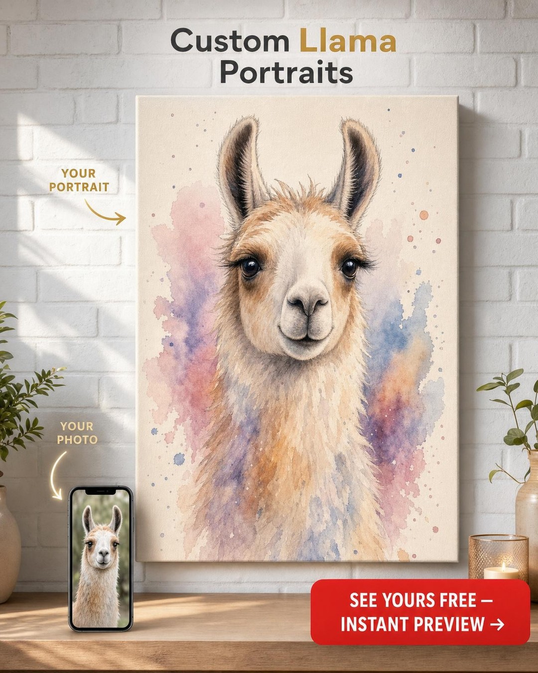 Custom Watercolor Pet Portrait — Whimsical Llama Canvas
