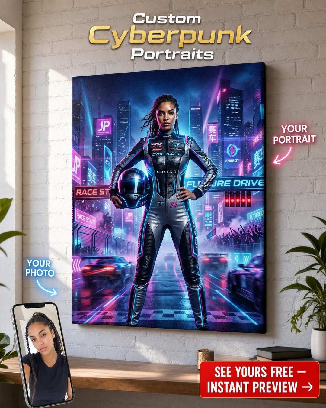 Custom Cyberpunk Man Portrait — Heroic Neon Warrior Canvas