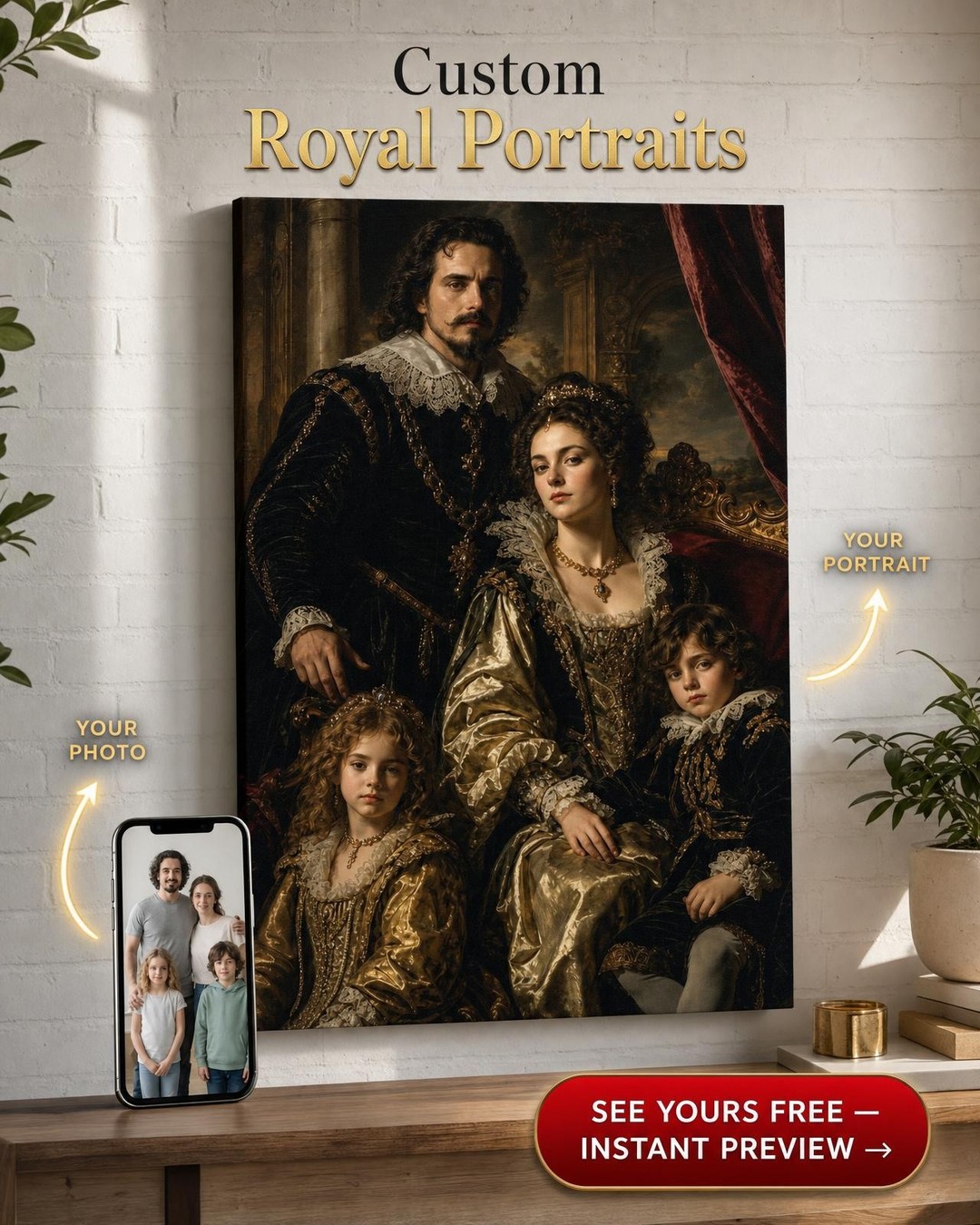 Custom Baroque Family Portrait — Regal Throne Canvas from Photo