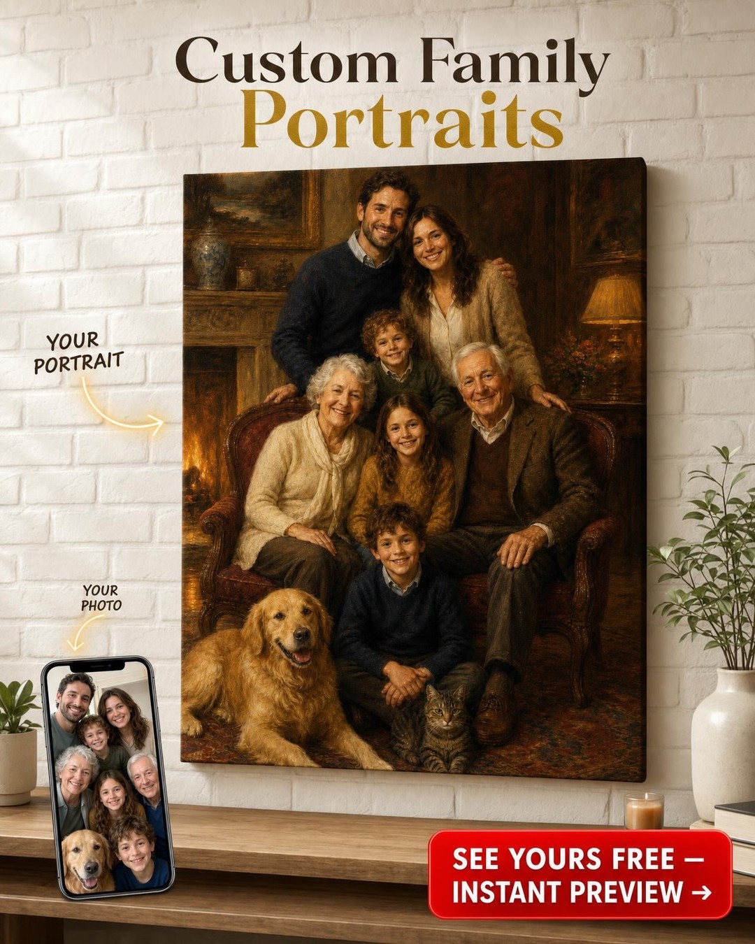 The Whole Family & Pets Custom Oil Portrait | PortraitGift