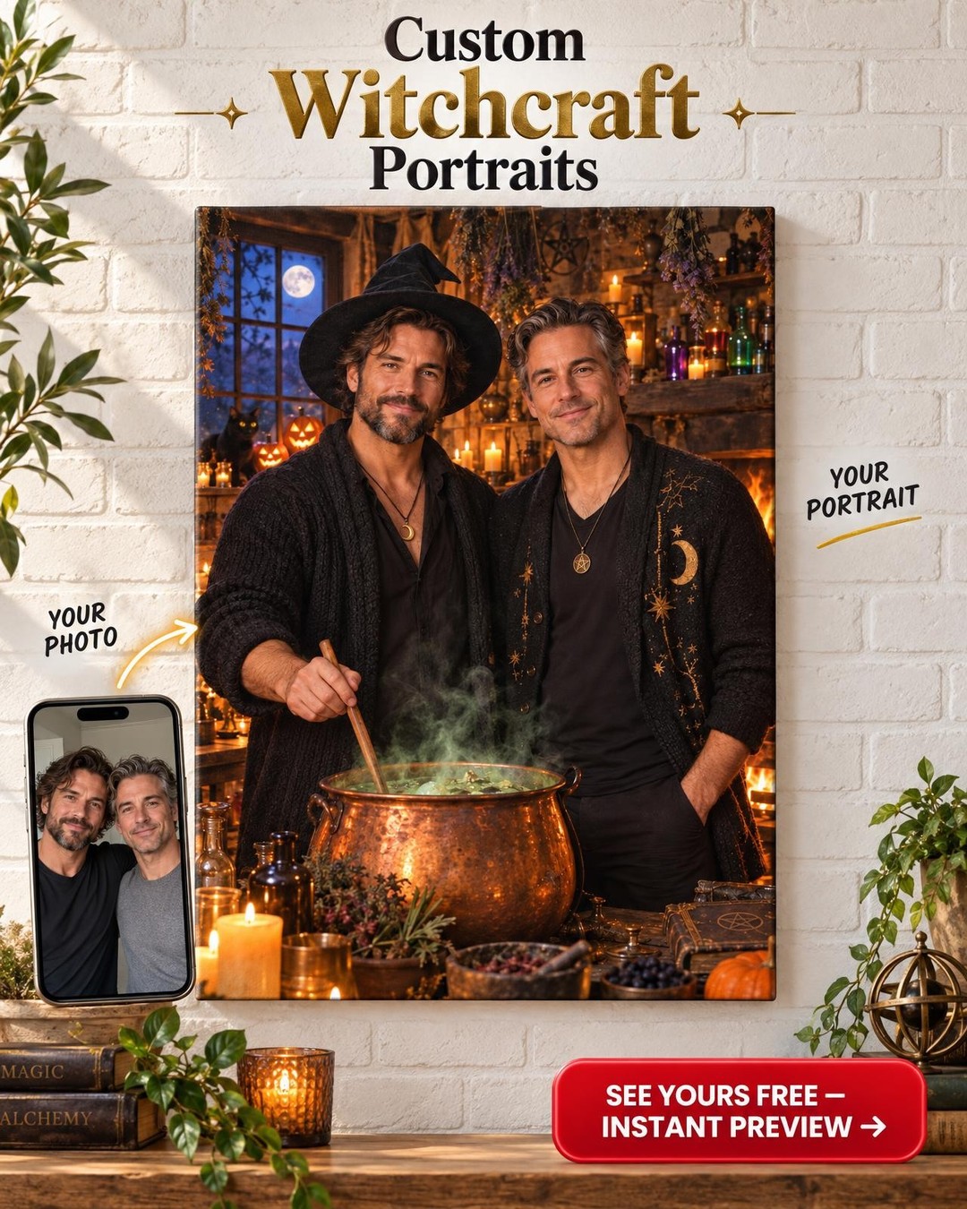 Cozy Witch Cottage Custom Portrait from Photo | Personalized Gift for Two Men