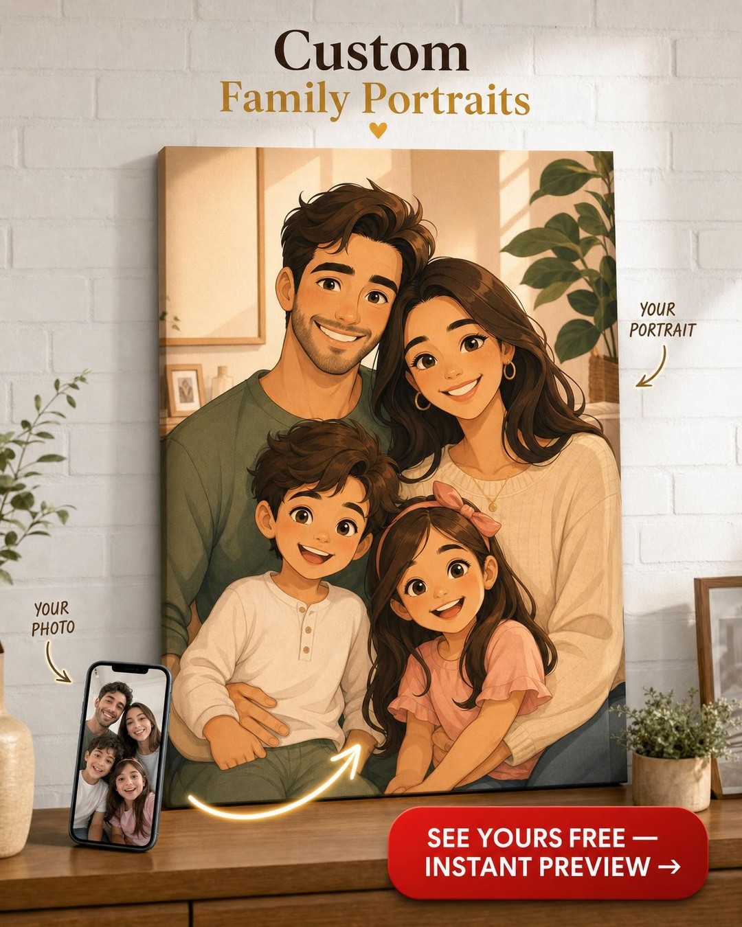 Custom Cartoon Family Portrait — Whimsical Home Decor Canvas