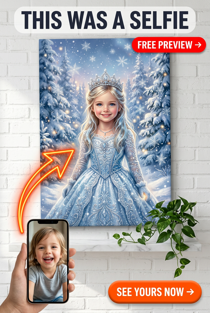 Custom Winter Family Portrait — Whimsical Snow Crown Canvas
