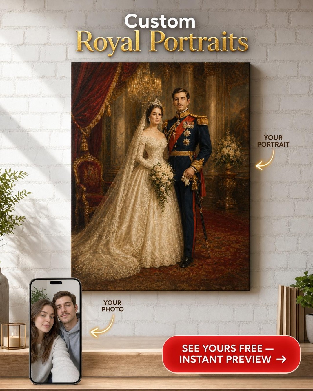Custom Royal Couple Portrait — AI Wedding Art from Photo