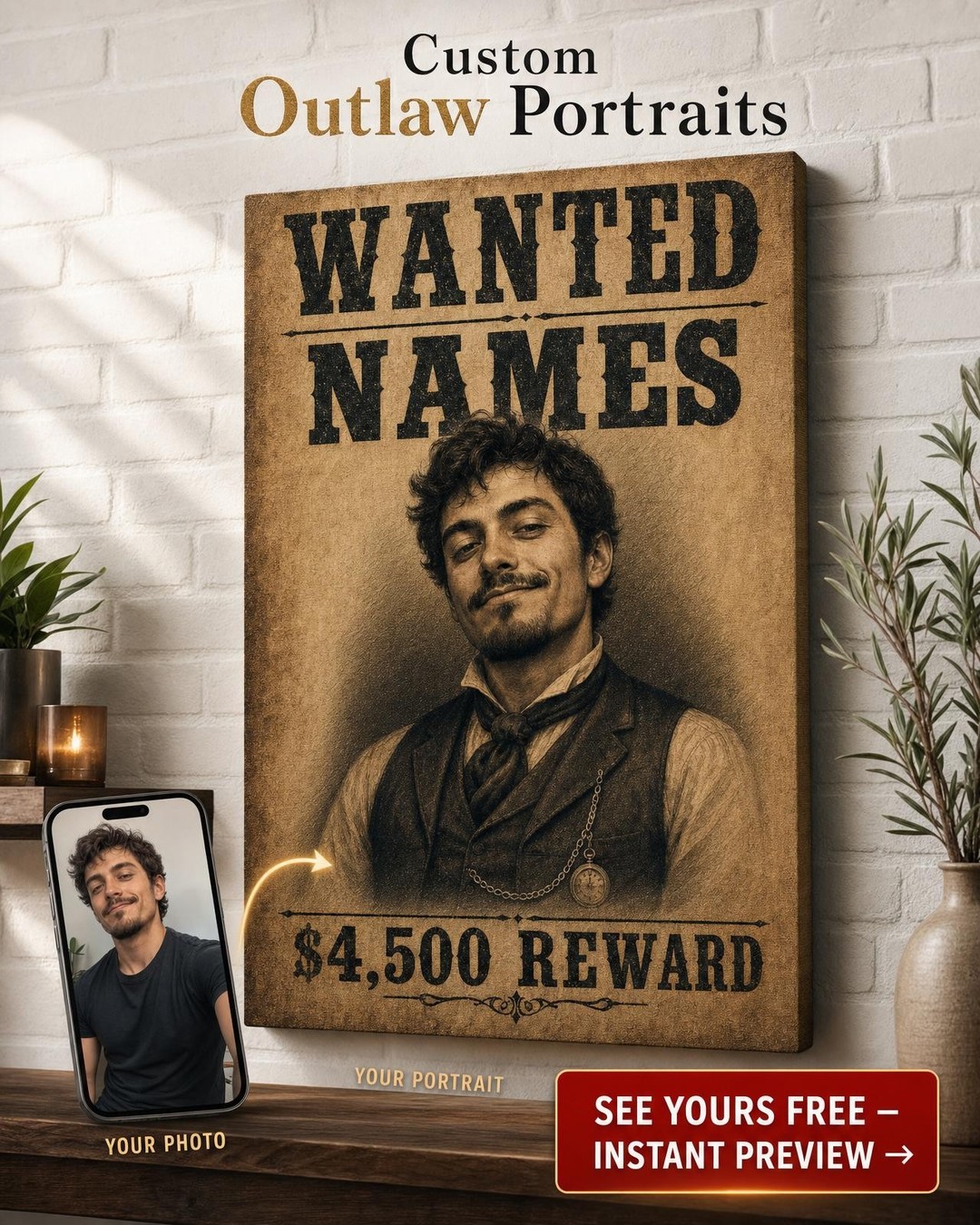 Wild West Saloon Wanted Poster Custom Portrait from Photo | Personalized Gift