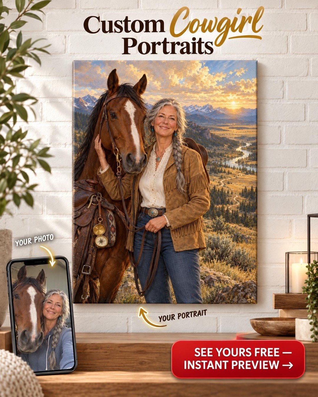 Her Horse Open Country Custom Portrait from Photo | Personalized Free Spirit Portrait Gift
