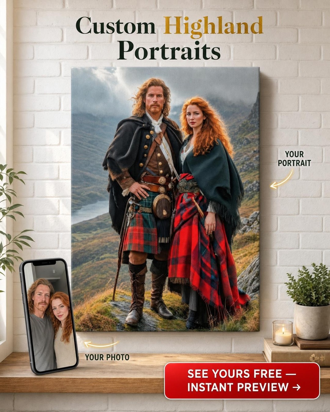 Custom Scottish Couple Portrait — Romantic Kilt Canvas