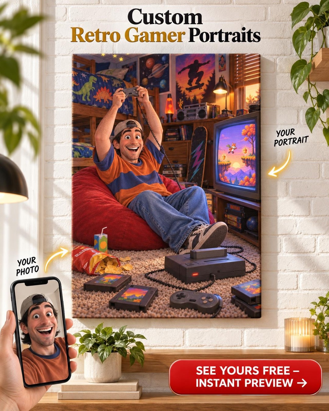 Player One 3D Animated Retro Gamer Custom Portrait from Photo | Personalized Retro Gamer Gift