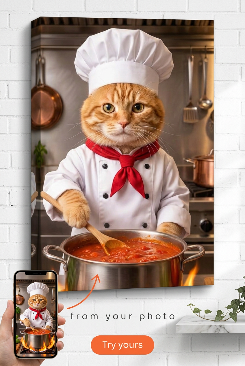 Custom Chef Cat Portrait — Whimsical Pet Canvas from Photo