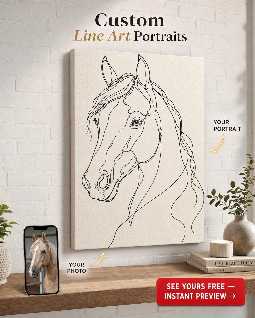 Custom Line Drawing Pet Portrait — Serene Horse Canvas from Photo