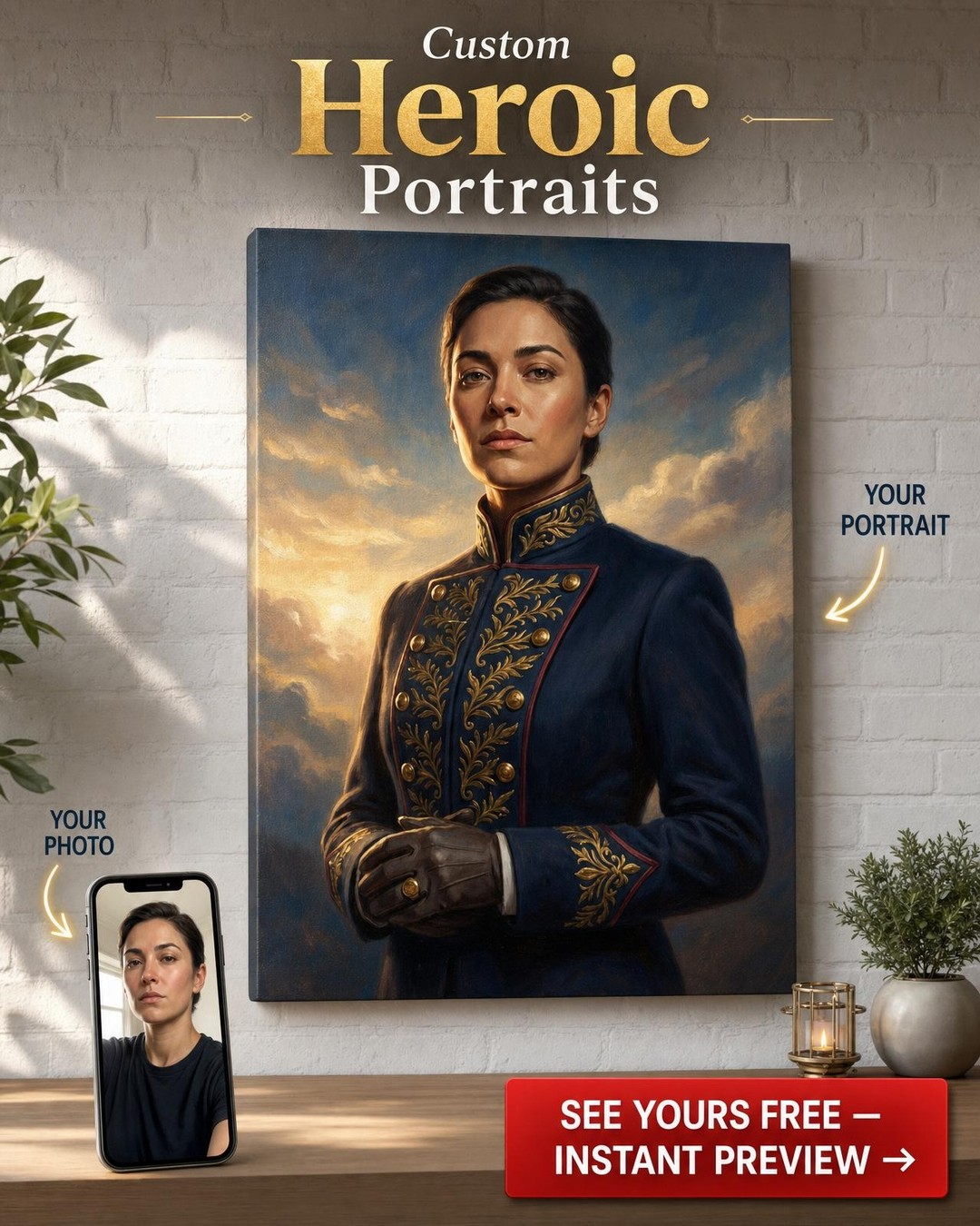 Custom Royal Woman Portrait — Regal Military Canvas from Photo