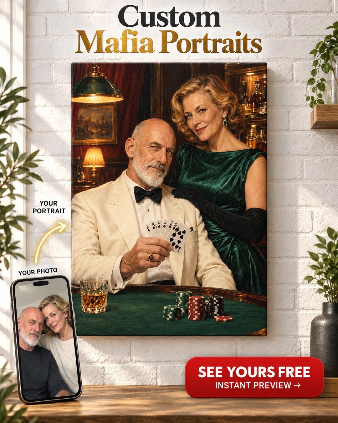 High-Stakes Poker Mafia Couple Custom Portrait from Photo | Personalized Mafia Portrait Gift