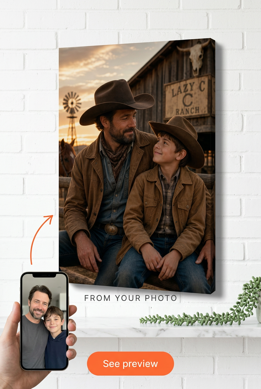 Custom Cowboy Father-Child Portrait — Serene Ranch Canvas