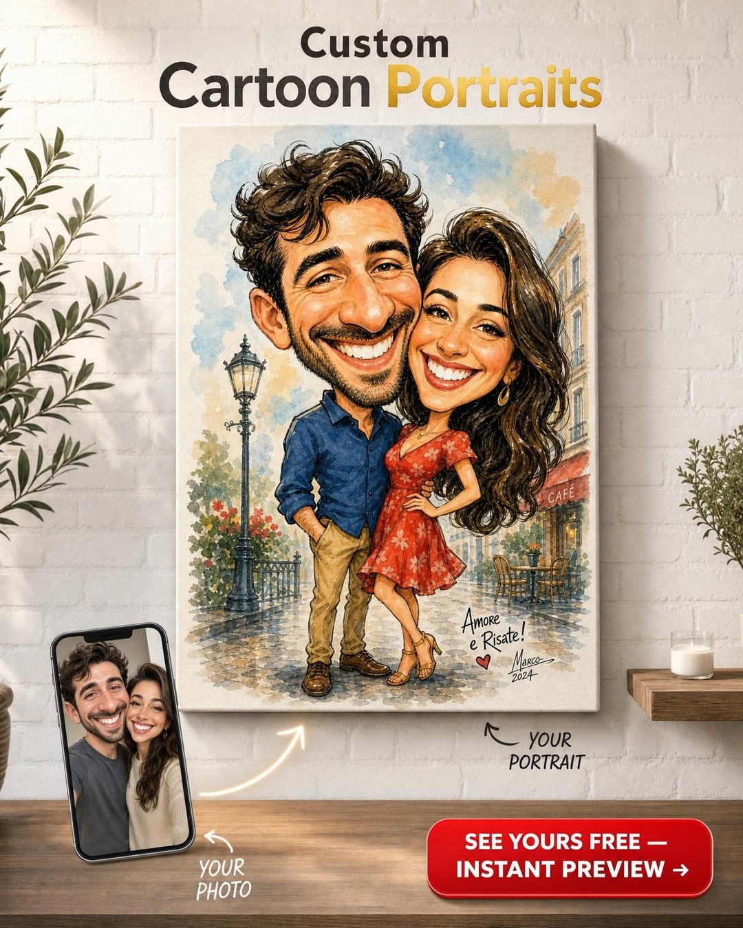 Custom Caricature Couple Portrait — Romantic City Date from Photo