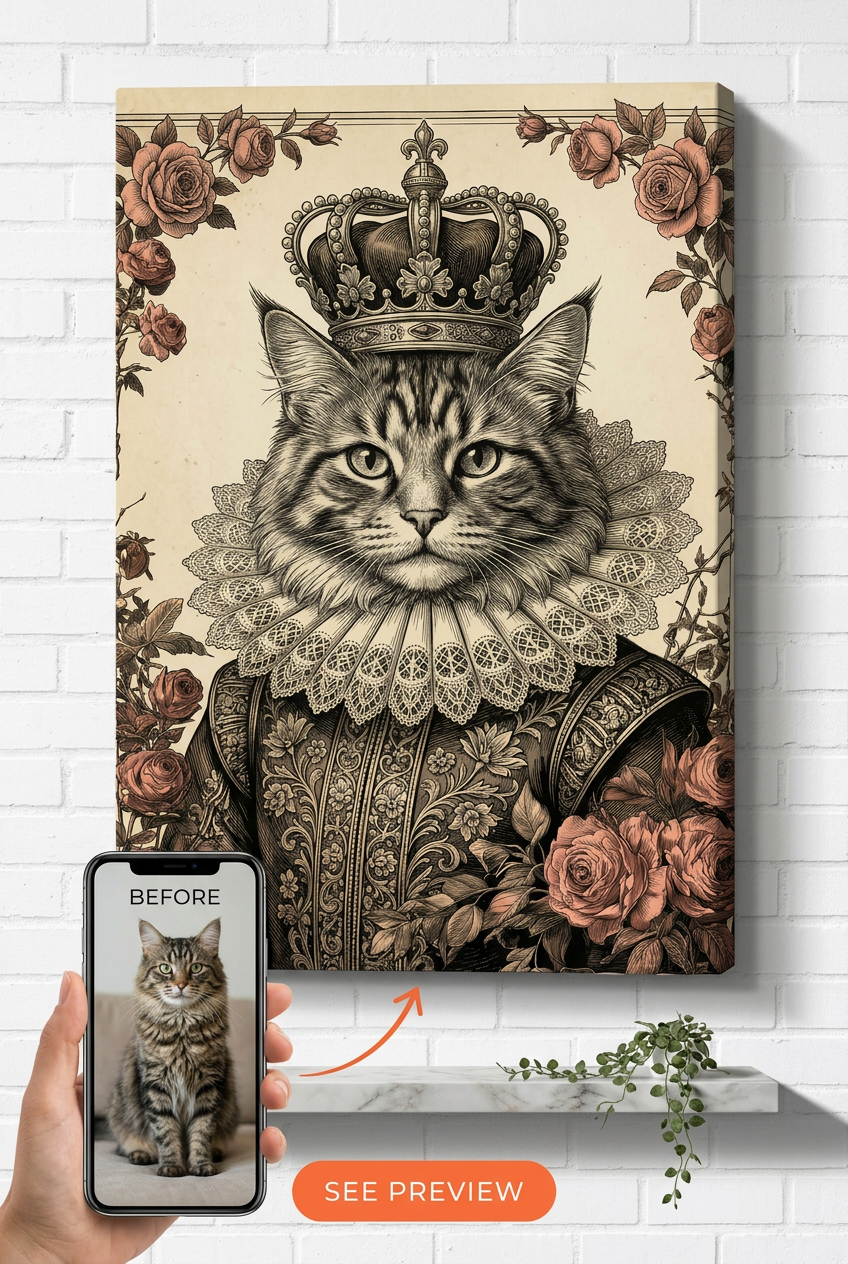 Custom Royal Cat Portrait — Regal Pet Canvas from Photo