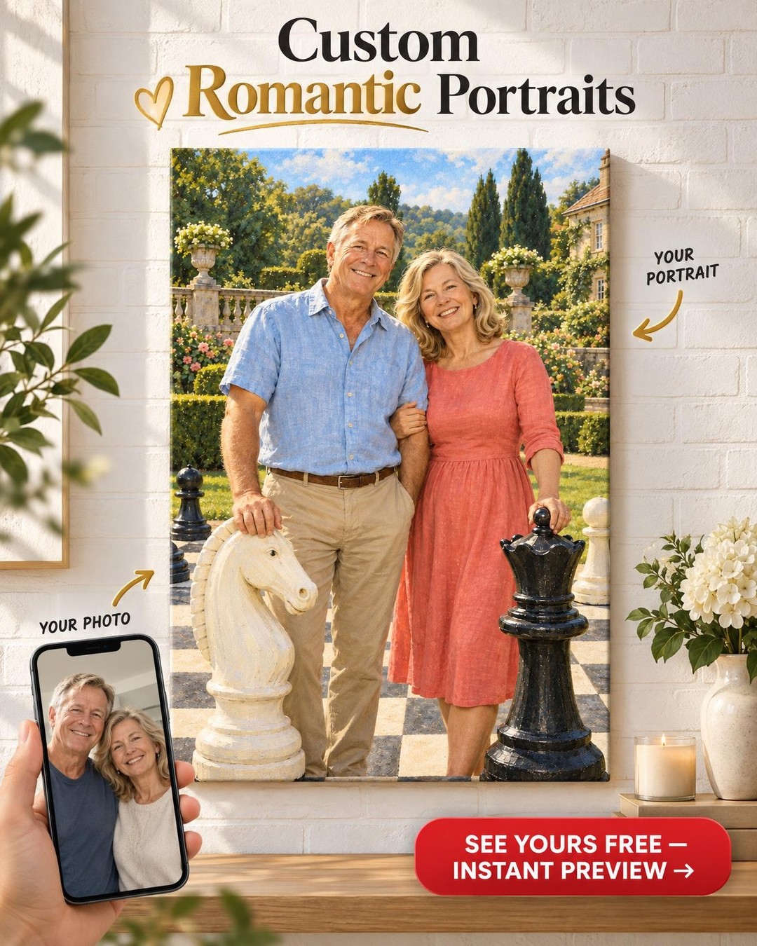 Giant Garden Chess Couple Custom Portrait from Photo | Personalized Game Night Gift