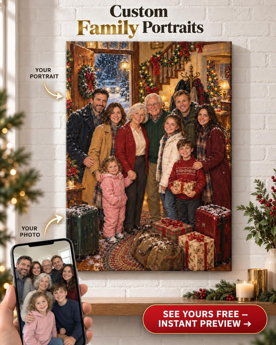 Home for Christmas Family Custom Portrait from Photos | Personalized Christmas Gift for Parents