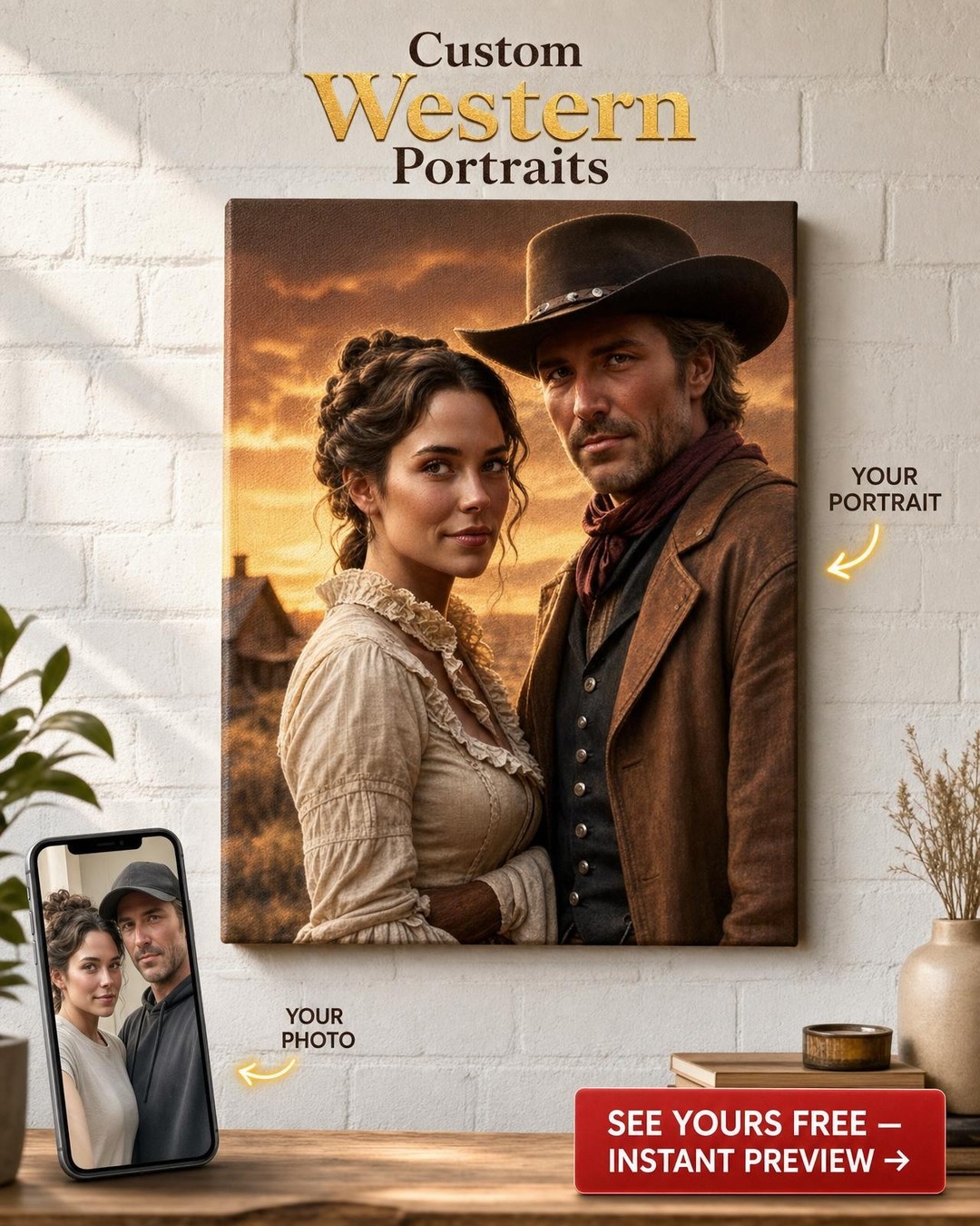Personalized Cowboy Couple Portrait Canvas