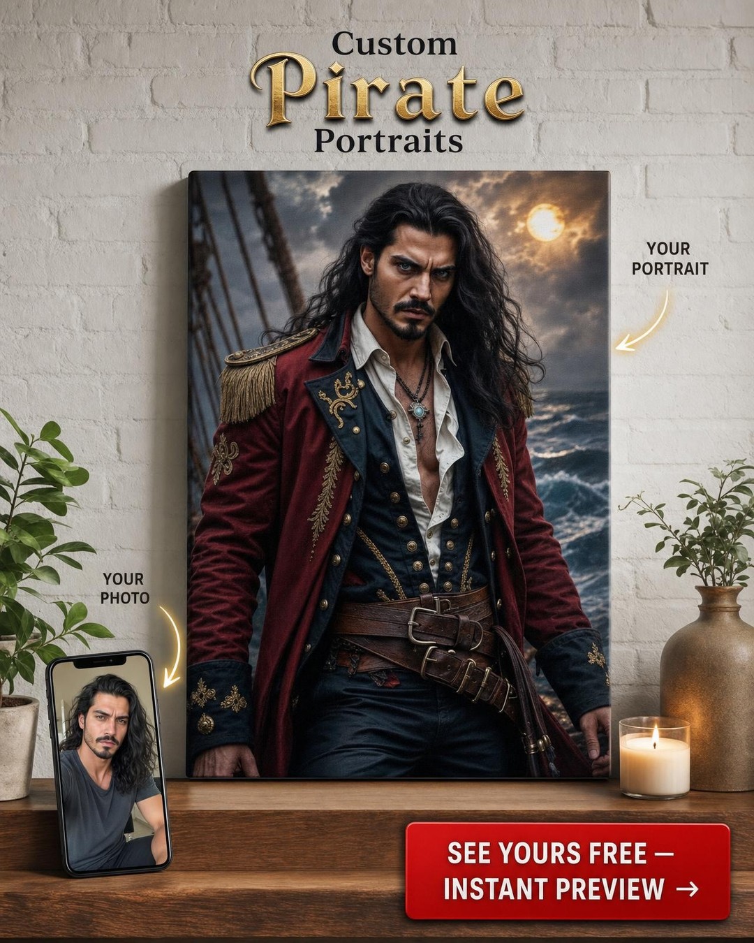 Custom Pirate Man Portrait — Heroic Sea Captain Canvas