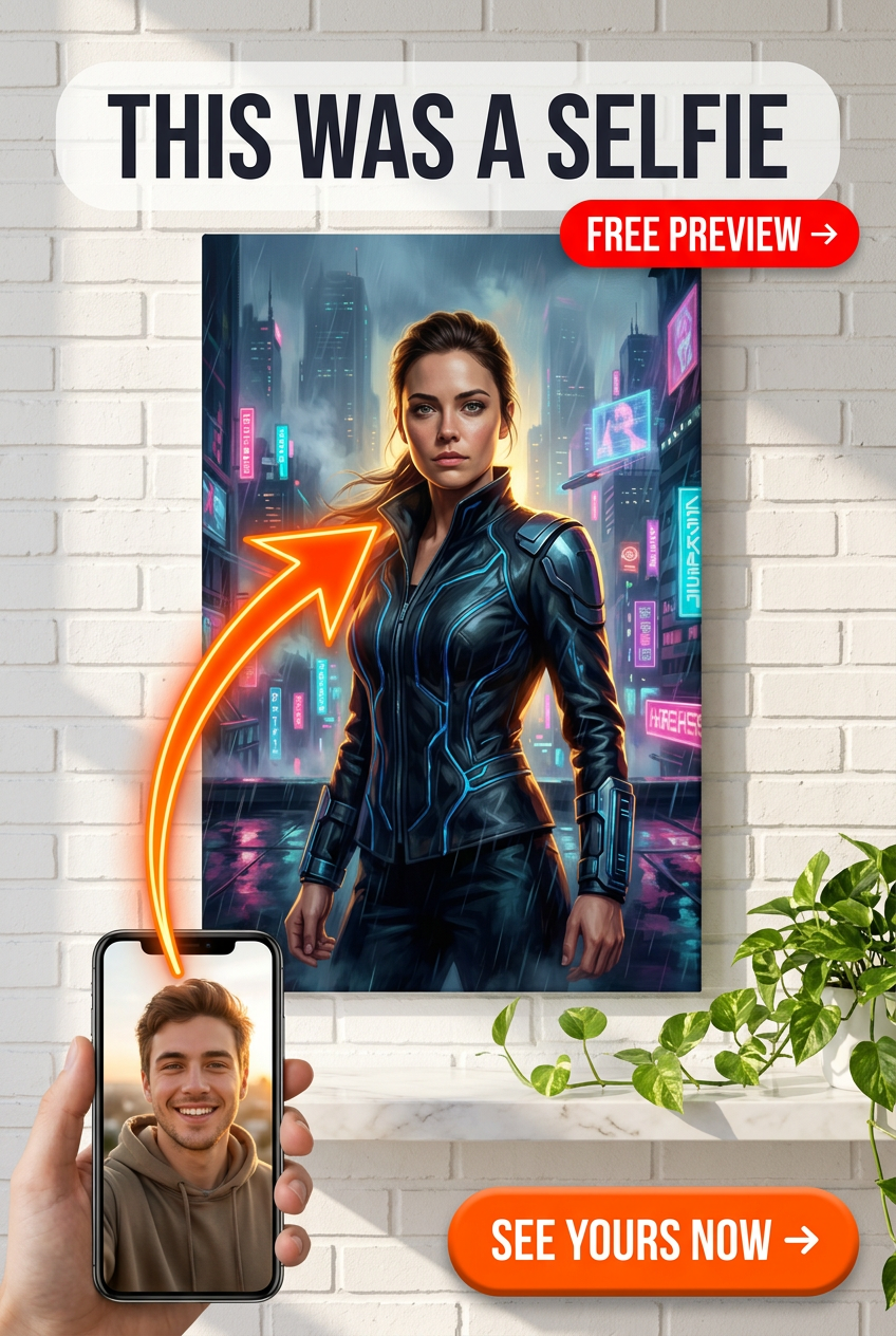 Custom Cyberpunk Single Man Portrait — Neon Heroic Canvas